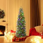 BestComfort 5 FT Pre-Lit Christmas Pencil Tree with 180 LED Warm White & Multi-Color Lights, 10 Flash Modes, 390 Tips, Hinged Slim Artificial Xmas Tree for Holiday Party Home Office