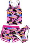 uideazone 15-16 Years Teen Girls 3 Piece Bathing Suits 3D Printed Hawaiian Tropical Theme Swimsuit with Shorts Palm Tree Bikini Swimwear Sets for Vacation