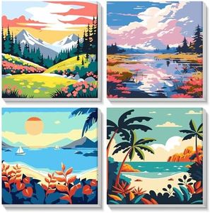 NAIMOER Framed Paint by Numbers, 4Pack Scenery Paint by Numbers Canvas for Kids Adults, Kids' Paint by Number Kits, DIY Acrylic Landscape Oil Painting with Wooden Easel (8x8inch)