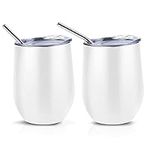 2 Pack Wine Tumbler with Lid, 12 oz Stainless Steel Stemless Wine Glasses, Double Wall Vacuum Insulated Travel Tumbler Cup for Coffee, Wine, Cocktails, Ice Cream Including 2 Straws (White)