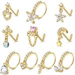 Drperfect 10 Pcs 20G Dangle Nose Rings Studs for Women 316L Stainless Steel L Shaped Nose Studs Heart Butterfly Moon Star Snowflake CZ Dangle Nose Rings Dangling Nose Piercing Jewelry