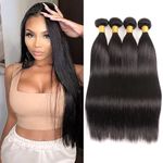 Huarisi Straight Human Hair 4 Bundles Brazilian Hair 18 20 22 24 inch 100% Unprocessed Virgin Hair Straight Bundles Weaves 400g Natural Color Real Hair Sew In Weaving Can be Dyed