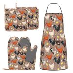 DONMYER Chicken Oven Mitts and Pot Holders with Apron Set of 5 Silicone Breeds of Chicken Kitchen Mitts and Non-Slip Potholders Apron Set Heat Resistant Funny Rooster Hen Chicken Oven Gloves Hot Pads