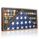 DecoWoodo Large Military Shadow Box Display Case with HD Tempered Glass - Triangular Flag Case Fits 9.5’x5' American Burial Flag, Removable Shelves for Coins, Backboard for Medals and Insignia, Walnut