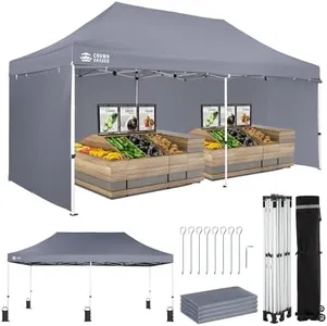 CROWN SHADES 10x20 Pop Up Canopy Tent, Thicken Frame Commercial Heavy Duty Tent, Silver-Coated with 4 Sidewalls 8 Stakes & 4 Sandbags & 4 Ropes, Outdoor Canopies for Events, Parties, Gray