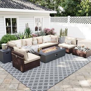 UPHA 9 Pieces Patio Furniture Sets, Wicker Outdoor Sectional Sofa Couch with Rectangle Propane Fire Pit for Deck Backyard Garden, Brown Rattan, White Cushion