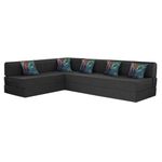 Toronto L-Shape Sofa Cum Bed | 3 Seater + Three Seater | with 5 Printed Cushion Jute Fabric - Lightweight, Washable Cover- (Black - Color)