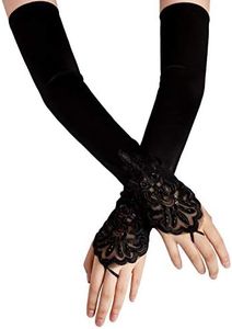 SAVITA Fingerless Long Black Gloves Pierced Elbow Length Satin Gloves 19" Stretchy Opera Evening Party 1920s Gloves for Women