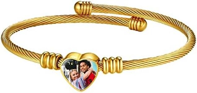 FindChic Personalized Cute Heart Photo Bangle Bracelet for Women 18K Gold Plated Best Friend Bracelets Adjustable Engraved Cable Wire Cuff Bracelet Jewelry