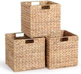 12 x 12 x 12in Water Hyacinth Storage Baskets, Wicker Storage Baskets for Shelves, Foldable Square Baskets for IKEA Kallax Set of 3, Large Cubby Rattan Basket, Kitchen Storage Baskets