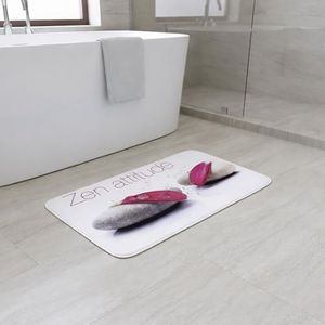 Memory Foam Bathroom Rug 36"x24", Zen Attitude Print, Pink Stones Design, Soft Cushioned Mat, Anti-Slip Backing, Quick Dry, Machine Washable, Ideal for Bath Tub, Shower, Indoor Floor Use