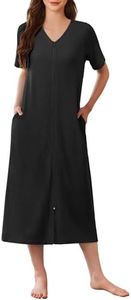 Ekouaer Zip Up Robe for Women Long Housecoat Waffle Knit Bathrobes Cozy Full Length Nightgown with Pockets(Black, Large)