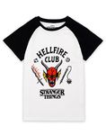 Stranger Things Hellfire Club Raglan T-Shirt for Kids | Boys Girls Hawkins Society Eddie Black & White Outfit | Season 4 Merchandise 11-12 Years