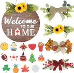 AzReference Interchangeable Seasonal Welcome Sign Front Door Decor, Rustic Round Wood Fall Porch Decor with 4 Seasonal Wreaths and 14 Changeable Icons, Home Decor for Halloween Thanksgiving Christmas