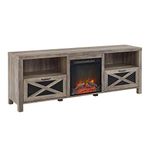 Walker Edison Calgary Industrial Farmhouse X-Drawer Metal Mesh and Wood Fireplace TV Stand for TVs up to 80 Inches, 70 Inch, Grey Wash (AZ70FPABGW)