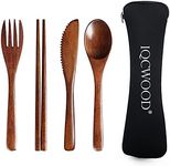 Wooden Cutlery Set Portable, Travel Utensils Cutlery Set, 4 Piece of Wooden Utensils Camping Utensils with Reusable Spoon, Fork, Knife, Chopsticks, Cutlery Set for Travel and Camping