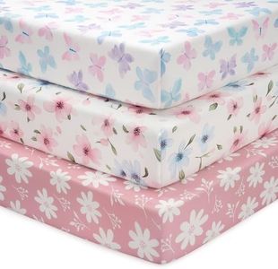FIEMOL Baby Crib Sheets Girl, 3 Pack Toddler Bed Sheets Fit for 52”x28” Standard Crib and Toddler Mattresses, Super Soft Microfiber Pink Butterfly Flower