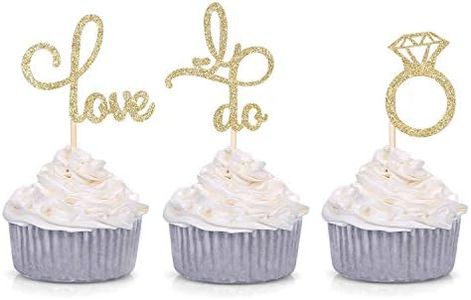 Set of 24 Gold Glitter Love Diamond Ring I Do Cupcake Toppers for Wedding Bridal Shower Decorations