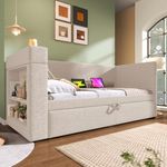Ball & Cast 3ft Single Trundle Day Bed,Single Beige Upholstered Bed with Pull Out Bed,with Cup Holders,USB&Type C Charging Station,Side Storage,Slatted Frame,for Adults Children,Linen/90x190cm