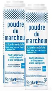 SORIFA - Lot de 2 - Poudre du Marcheur - Anti-transpirante - Absorbante - Pieds – Réduit la transpiration - Elimine odeurs et mycoses - Sans sels d’aluminium - Fabriqué en France - Poudreuse 100 gr