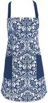 DII Cotton Adjusatble Women Kitchen Apron with Pockets and Extra Long Ties, 37.5 x 29, Cute Apron for Cooking, Baking, Gardening, Crafting, BBQ-Damask Nautical Blue