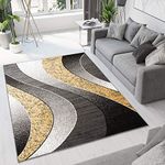 TAPISO Dream Area Rug Living Room Bedroom Short Pile Modern Dark Grey Light Yellow Waves Durable Carpet Size - 80 x 150 cm (2ft7 x 4ft11)