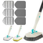 3 in 1 Scrub Cleaning Brush with Long Handle 51'' - Shower Bathtub Tub & Tile Scrubber Brush Include 1 Stiff Brush Head & 3 Scouring Pads & 3 Microfiber Clothes, for Wall Bathroom Glass Bathtub(White)