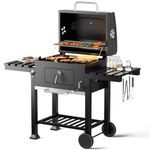 DKIEI BBQ Grill, Portable Charcoal Barbecue Grill with Wheel & 2 Folding Table, Thermometer&Adjustable Charcoal Tray, Large Barbeque Grill Smoker for Party, Picnic, Patio Cooking Outdoor, 138x49x108cm