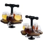 MyGift Solid Burnt Wood Serving Beer Whiskey Flight Set Tray with Industrial Black Metal Pipe Carrying Handle and 4 Small Snifter Style Tasting Beer Glasses, Set of 2