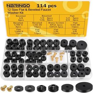 NBRINGO 114-Piece 12 Sizes Faucet Washer Assortment Kit - Flat & Beveled Rubber Washers & Brass Bibb Screws for Outdoor Spigot, Hose Bib, Garden Valve Repair Replacement