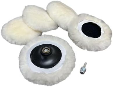 Lambswool Polishing Pads Sheepskin Buffing Pads with Elastic Band. 7PC Set Includes 5 Lambswool Cutting Pads with Hook and Loop Backing, 1 Backing Plate and 1 Drill Attachment - Wool Buffs (4 Inch)