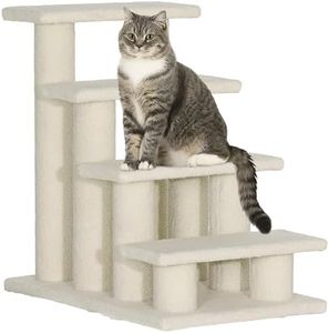 PawHut Escalier pour Animaux de Compagnie escalier pour Chat Chien avec 4 marches revêtement Effet Laine bouclée pour lit Haut et canapé 61 x 41 x 60 cm crème