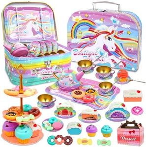 SMILESSKIDDO 46pcs Princess Tea Party Set - Unicorn Style Kids Pretend Play Toys for Girls 3-8