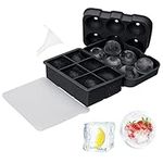 2 Pack Ice Cube Trays, Silicone Sphere Whiskey Ice Ball Mould and Large Square Ice Cube Mould, 6 Big Ice Cubes per Tray for Cocktails, Whiskey and Drinks Ice Cool (Black, Square + Round)