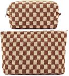 ZLFSRQ 2Pcs Checkered Makeup Bag for Women Large and Small Capacity Brown Cosmetic Bag Set Travel Makeup Pouch for Purse Zipper Toiletry Organizer Cute Y2K Aesthetic Girls Makeup Brushes Storage Bag