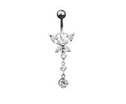 Tishya 14k White Gold Over Round & Marquise Diamond Butterfly Dangle Belly Button Ring S925