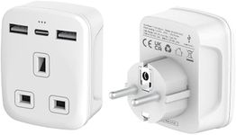 TechMax UK to European Plug Adapter with USB ports Grounded Type G to Type C,E,F for France, Spain, Turkey, Italy, Greece, Portugal, Germany, Poland, Asia - 3 Pin to 2 Pin Travel Adapter with USB