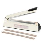 R-PACK Impulse Heat Sealer with Cutter, Heavy-Duty Bag Sealing & Cutting Machine, 2 Extra Replacements (White, 12-Inch)