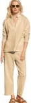 Ainangua Casual 2 Piece Sets for Women V Neck Long Sleeve Tops Wide Leg Pants Workout Outfits Fashion Carmel Travel Set(Khaki,XL)