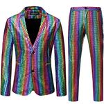 LucMatton Men's 2 Piece 70s Disco Outfits Metallic Shiny Sequin Suits Jacket and Pants Set 90s Halloween Costume Multicolor Medium