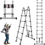 Aluminum Telescopic Extension Ladder A-Frame Ladder 2-in-1, Portable Collapsible Ladder with Stabilizer Bar,6+6 Steps Adjustable Height, 12.5FT in Straight Line & 6.25FT in A-Frame, 330lbs Max Load