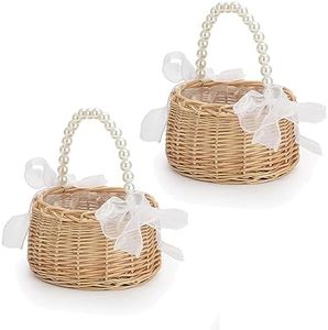 Fofetbfo 2 PCS Wicker Rattan Flower Girl Basket Wedding Flower Girl Basket with Pearl Handle and Bow Fairy Flower Basket Handwoven Easter Basket Wicker Basket for Wedding Flower Girl(Brown)