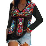 Melliflo Long Sleeve Mexican Shirts for Women Floral Embroidered Peasant Blouse Ethnic Style Boho T-Shirts, V Black, Small