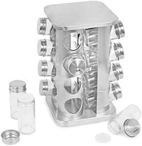 INTERNET'S BEST Revolving Spice Rack - Seasoning Storage with 16 Jars - Modern Stainless Steel Spinning Tower for Kitchen Countertop - Rotating Spice and Pantry Holder with Pre-Printed Labels - Sqaure