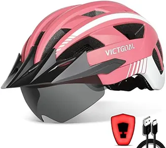 VICTGOAL Bike Helmet with USB Rechargeable Rear Light Detachable Magnetic Goggles Removable Sun Visor Mountain & Road Bicycle Helmets for Men Women Adult Cycling Helmets (L: 57-61 cm, Pink)