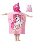 Athaelay Soft Swim Cover-ups for 3 to 10 Years Old Kids Big Girls' Pink Unicorn Hooded Bath Beach Poncho Towel with Drawstring Bag