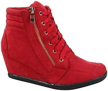 TZ 56 Womens High Top Sneakers Fashion Classic Lace Up Comfortable Wedge Walking Shoes, Red, 8