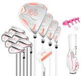 PGM Rio Ladies Womens Complete Right Handed Golf Clubs Set Includes Titanium Driver, S.S. Fairway, S.S. Hybrid, S.S. 6-9, PW/SW Irons, Putter, Stand Bag, 5 Headcover LTG038