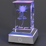 I Love You 3D Rose in Full Bloom Crystal with Colourful LED Display Base, I Love You Present for Girlfriend Wife Mom Aunt Woman Birthday Christmas Mothers Day Valentine's Day Gifts