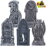 JOYIN 17” Halloween Foam Graveyard Tombstones (5 Pack), Headstone Decorations and 10 Bonus Metal Stakes for Halloween Yard Decorations Demon Tombstone